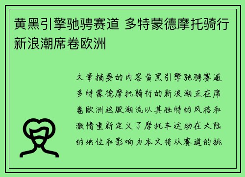 黄黑引擎驰骋赛道 多特蒙德摩托骑行新浪潮席卷欧洲